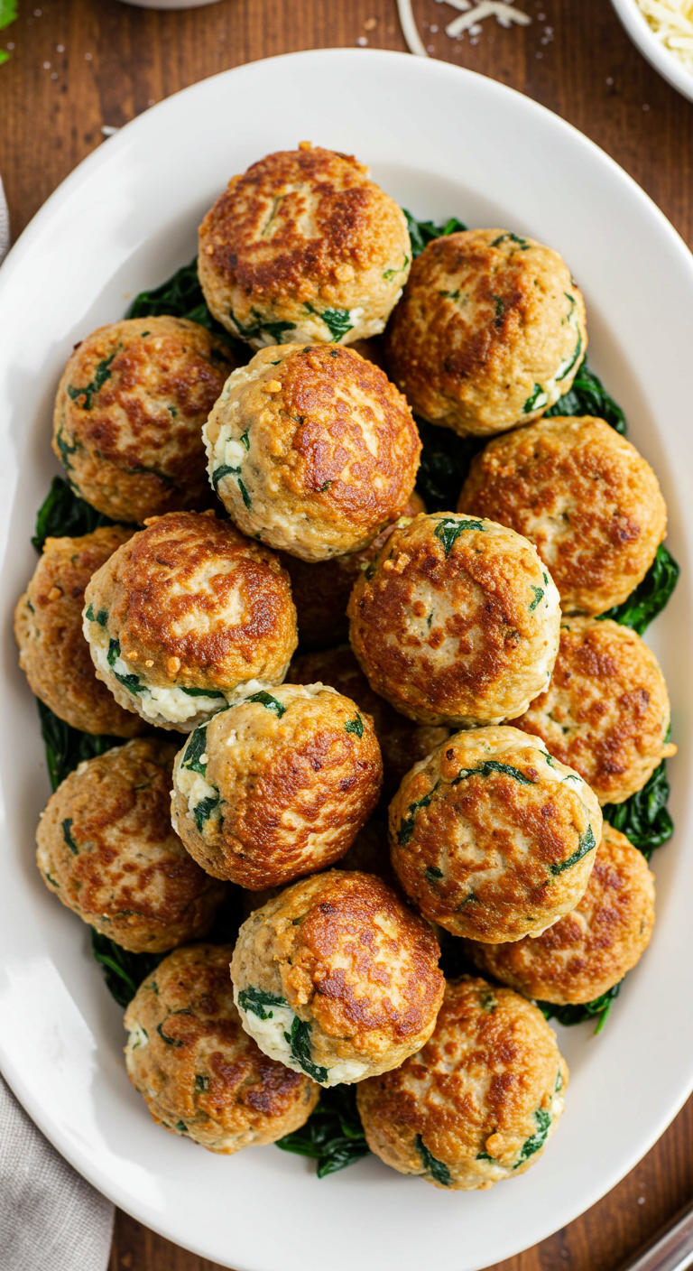 Baked Chicken Ricotta Meatballs with Spinach