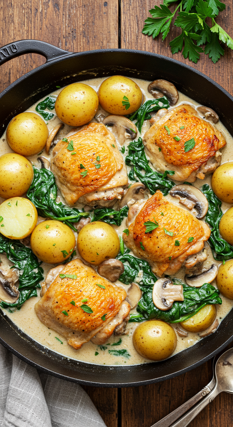 Creamy Smothered Chicken with Spinach, Potatoes, and Mushrooms