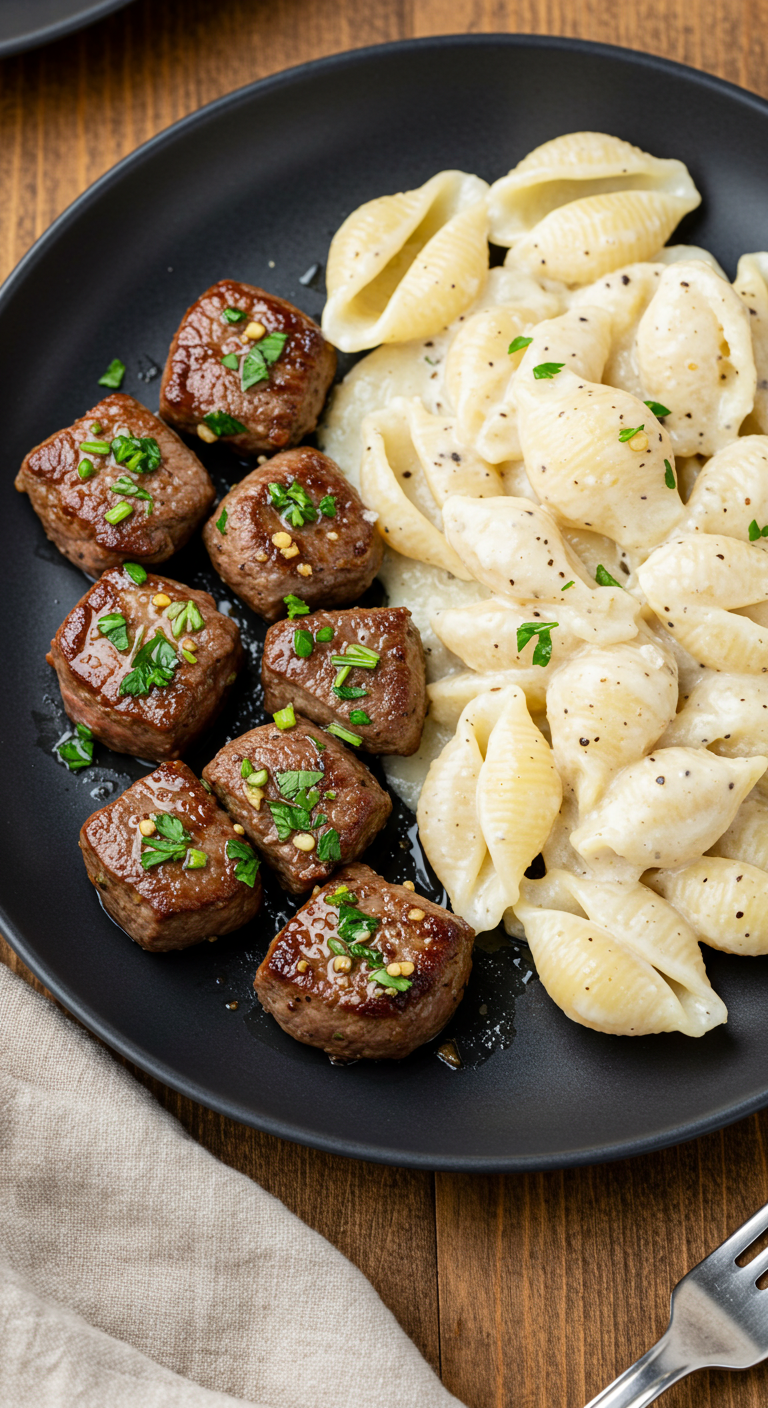 Garlic Butter Steak Bites & Creamy Parmesan Shells Recipe