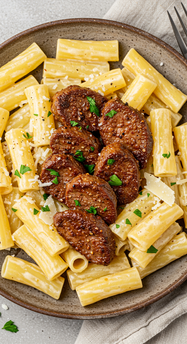 Cajun Steak Tips in Cheesy Rigatoni Parmesan Sauce
