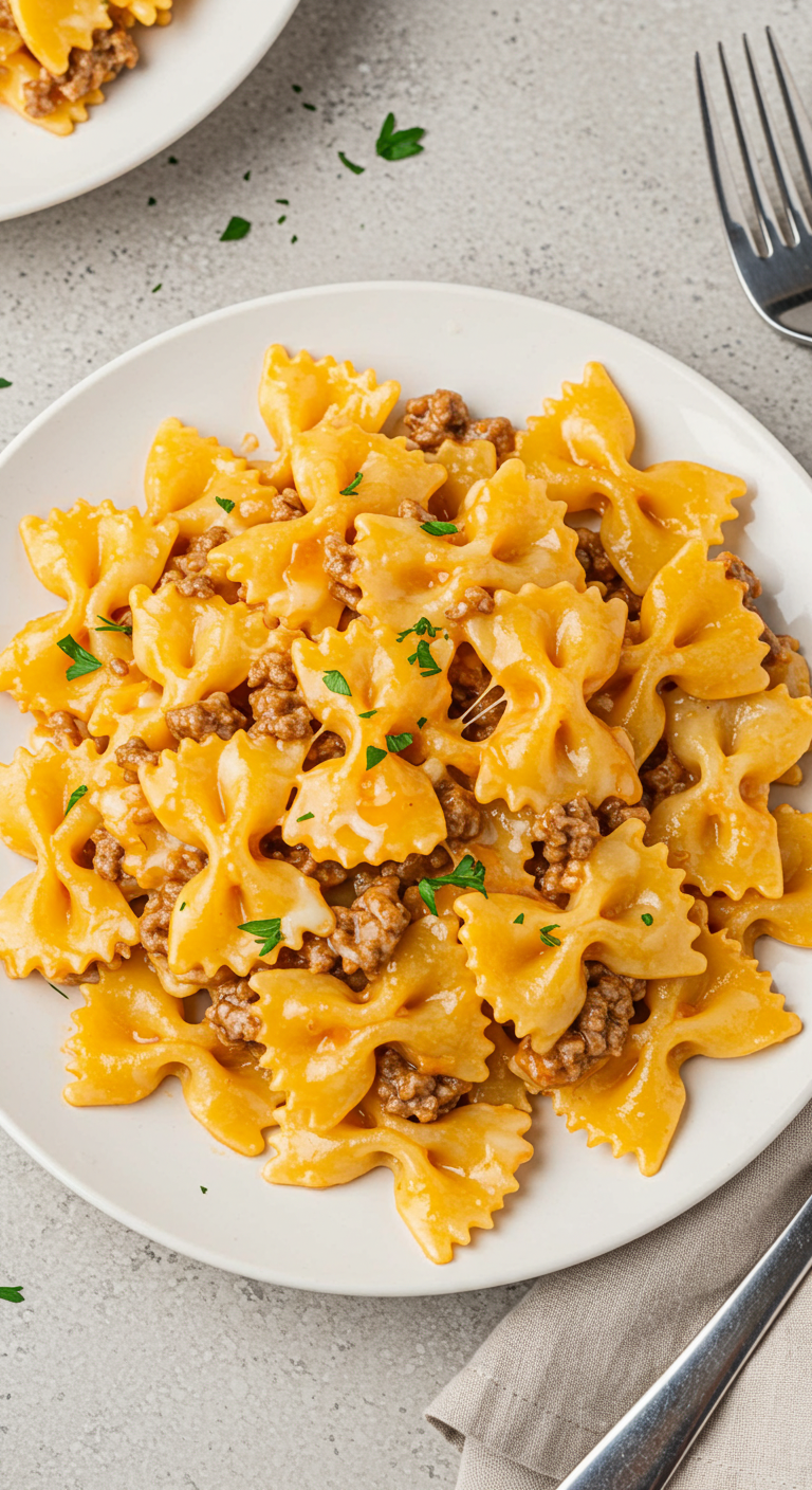 Cheesy Bowtie Pasta with Ground Beef