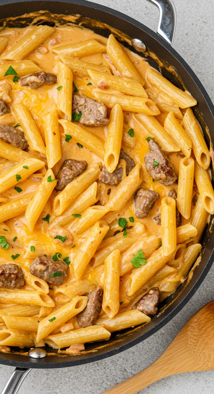 Creamy Cajun Steak & Cheddar Penne Skillet