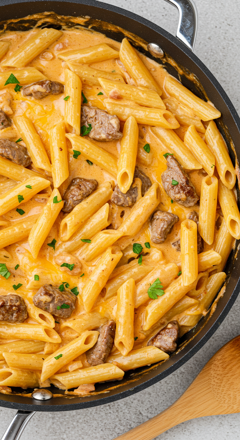 Creamy Cajun Steak & Cheddar Penne Skillet
