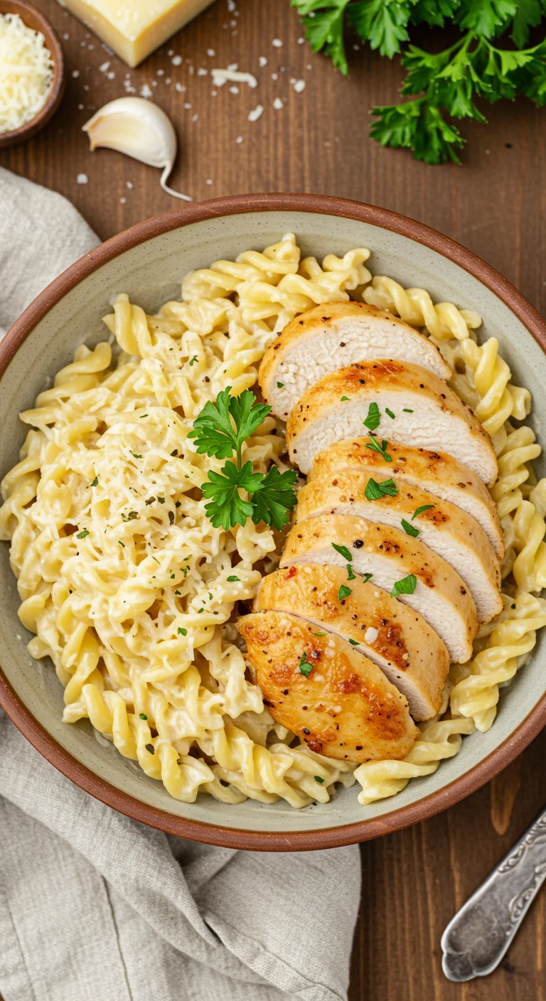 Creamy Garlic Parmesan Chicken with Cheesy Twisted Pasta