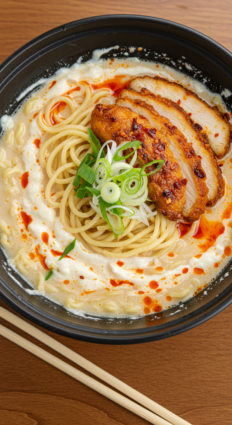 Fiery Chicken Ramen with Creamy Garlic Sauce