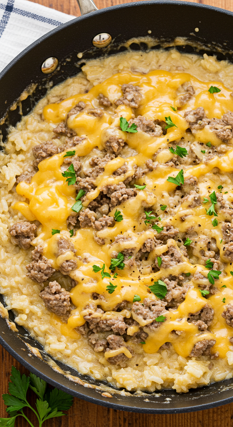 Garlic Butter Beef and Rice Skillet with Cheddar Parmesan Sauce
