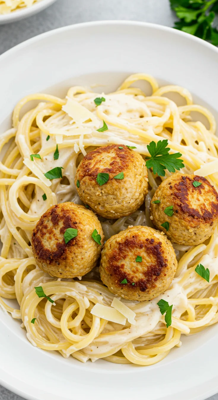 Garlic Butter Chicken Balls + Creamy Parmesan Pasta