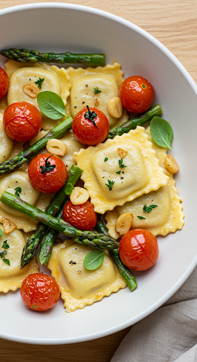 Ravioli with Tomatoes, Asparagus, Garlic, and Herbs