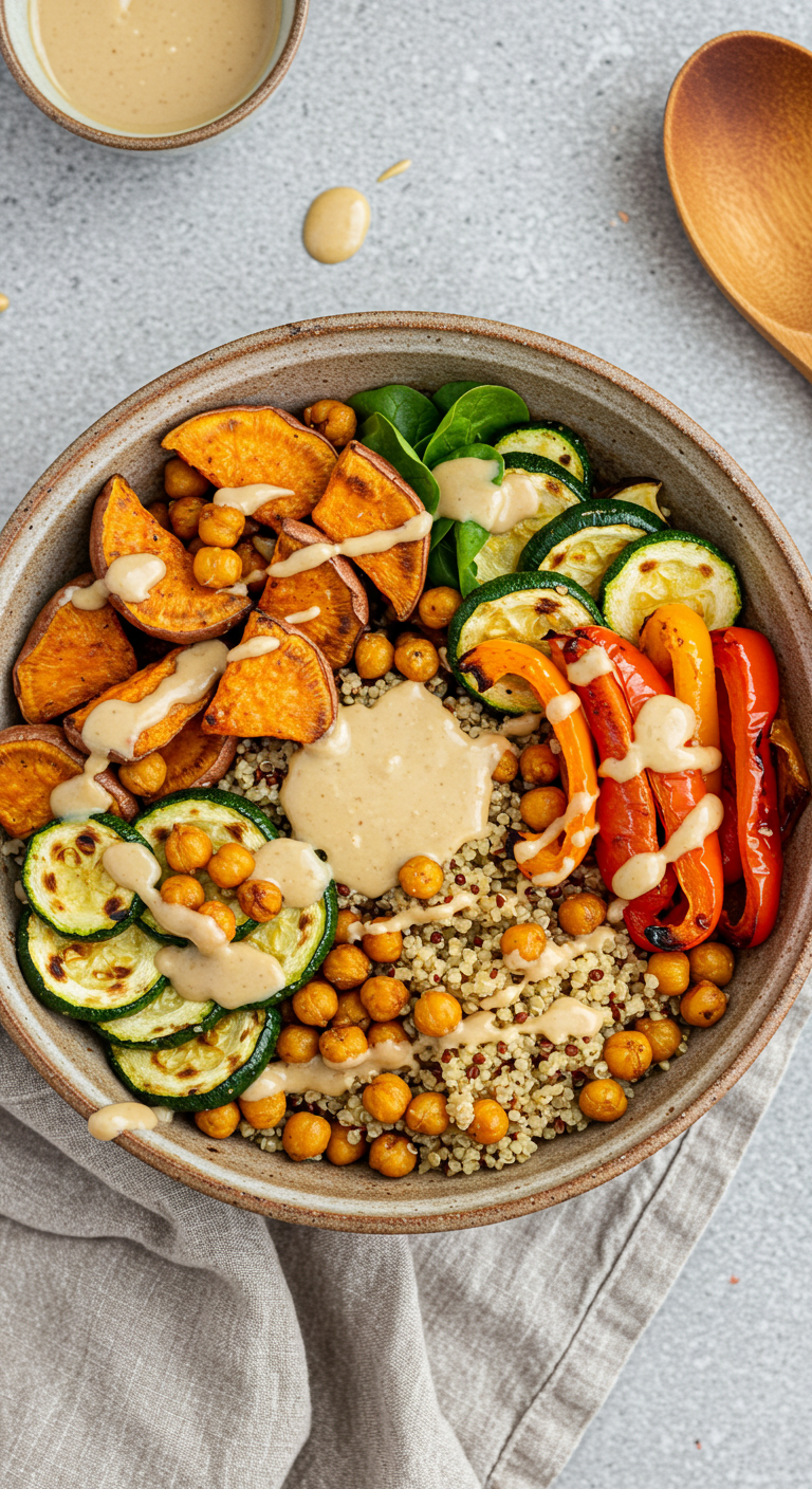 Roasted Veggie & Chickpea Bowls with Maple Dijon Tahini Dressing