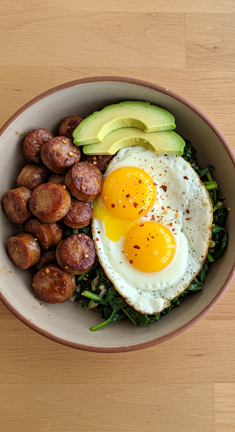 Savory Breakfast Power Bowl with Sausage, Eggs & Greens
