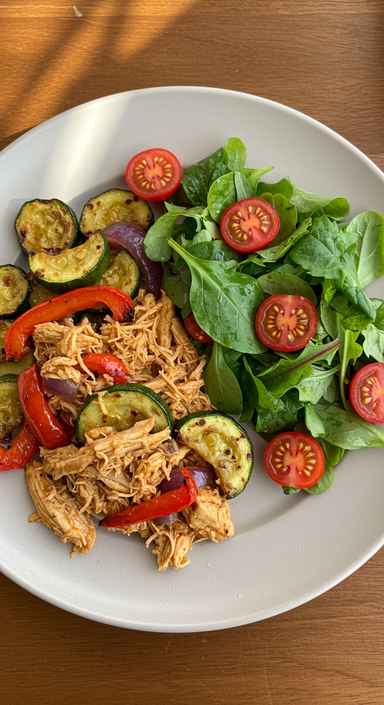 Shredded Chicken Plate with Roasted Veggies & Salad
