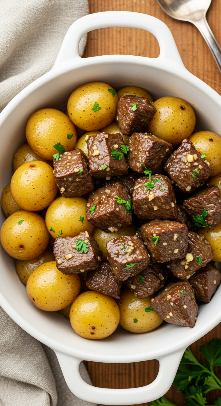 Slow Cooker Garlic Butter Beef Bites and Potatoes