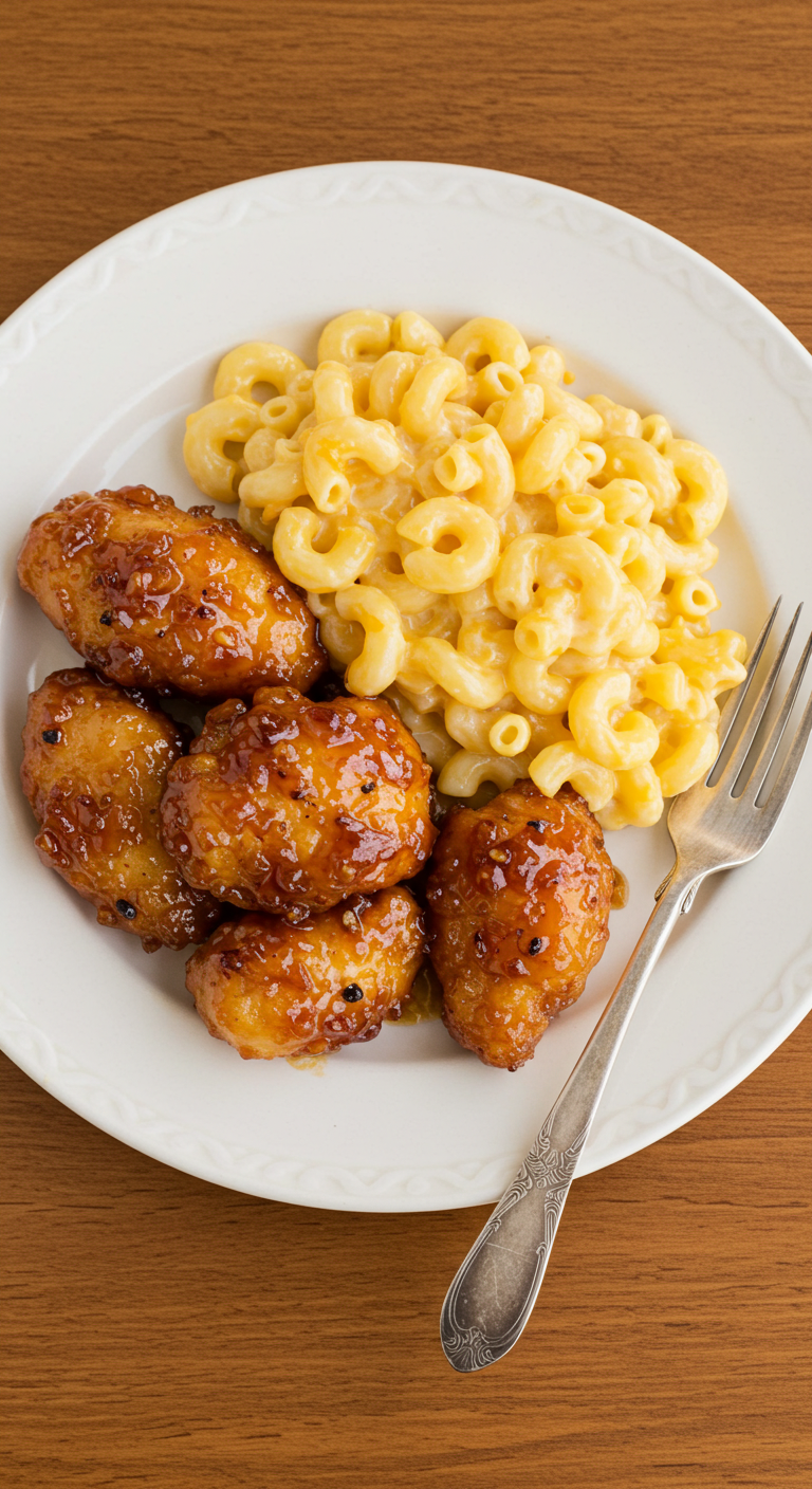 Sweet and Spicy Honey Pepper Chicken with Cheesy Mac