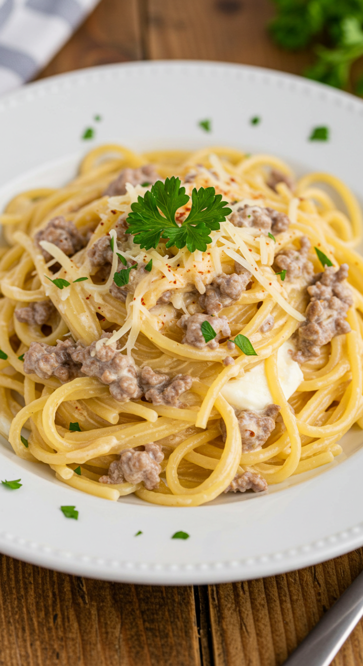 Cajun Beef Spaghetti in Creamy Three-Cheese Parmesan Sauce