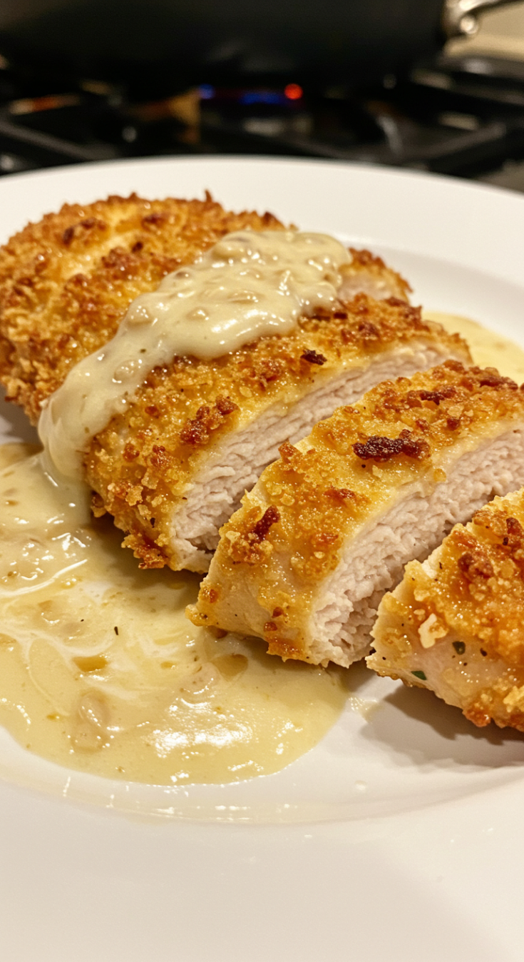 Crispy Parmesan Chicken with a Rich Garlic Sauce