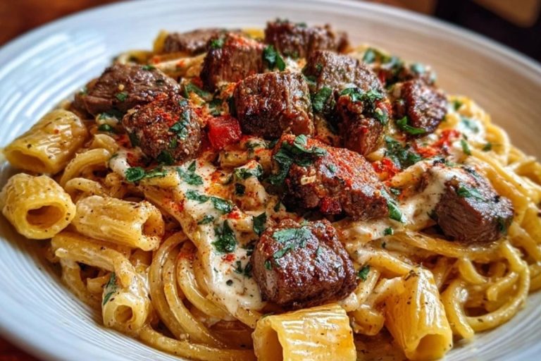 Cajun Garlic Butter Linguine with Tender Beef Strips Rigatoni