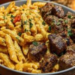 Cajun Steak Tips in Cheesy Penne Parmesan Sauce