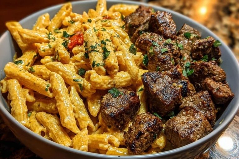 Cajun Steak Tips in Cheesy Penne Parmesan Sauce