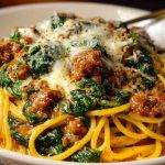 Cheesy Garlic Butter Spaghetti with Italian Sausage & Spinach