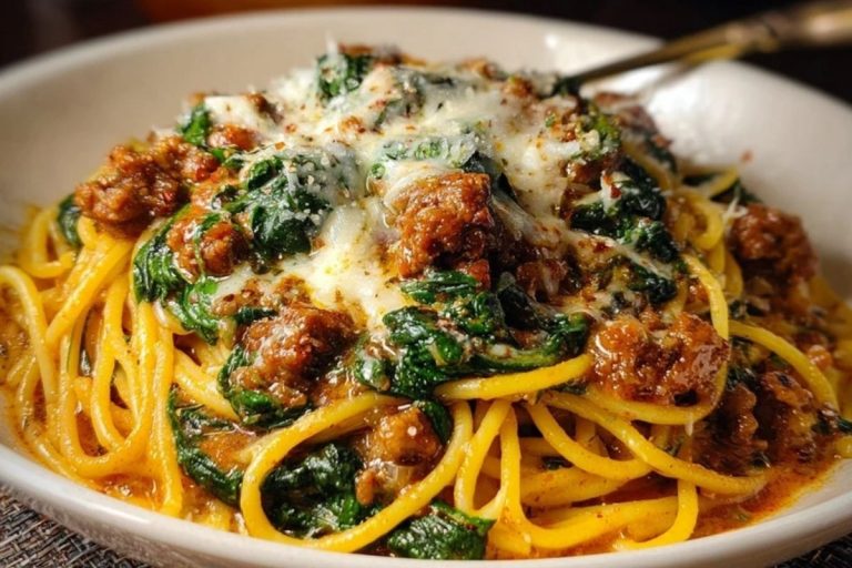 Cheesy Garlic Butter Spaghetti with Italian Sausage & Spinach