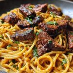 Creamy Cajun Garlic Butter Spaghetti with Beef Strips