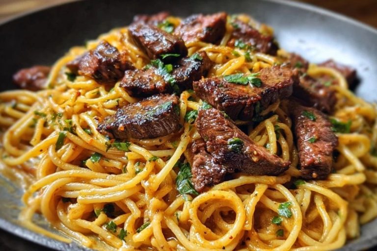 Creamy Cajun Garlic Butter Spaghetti with Beef Strips