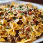 Creamy Ground Beef Bowtie Pasta with Mozzarella and Parmesan