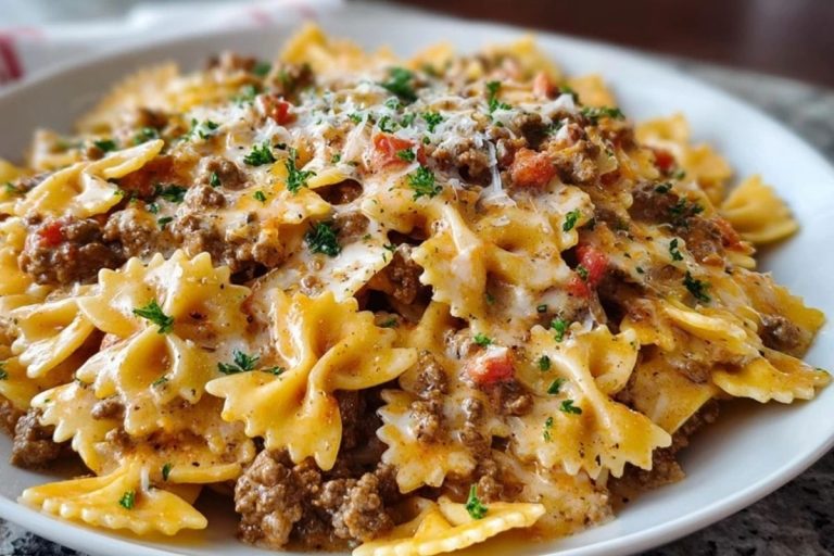 Creamy Ground Beef Bowtie Pasta with Mozzarella and Parmesan