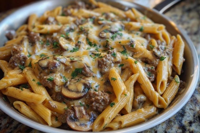 Creamy Velveeta Beef Stroganoff and Penne Pasta