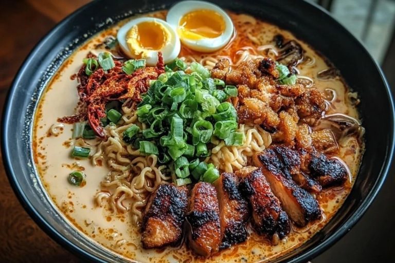 Fiery Chicken Ramen with Creamy Garlic Sauce