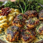 Garlic-Parmesan Chicken Bites with Sun-Dried Tomato Cajun Alfredo & Charred Broccolini