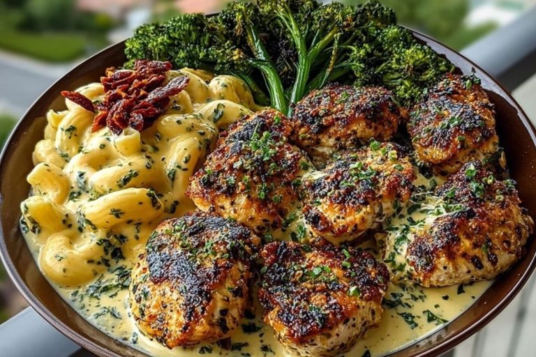 Garlic-Parmesan Chicken Bites with Sun-Dried Tomato Cajun Alfredo & Charred Broccolini