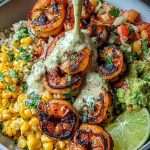 Grilled Shrimp Bowl with Avocado, Corn Salsa & Creamy Sauce