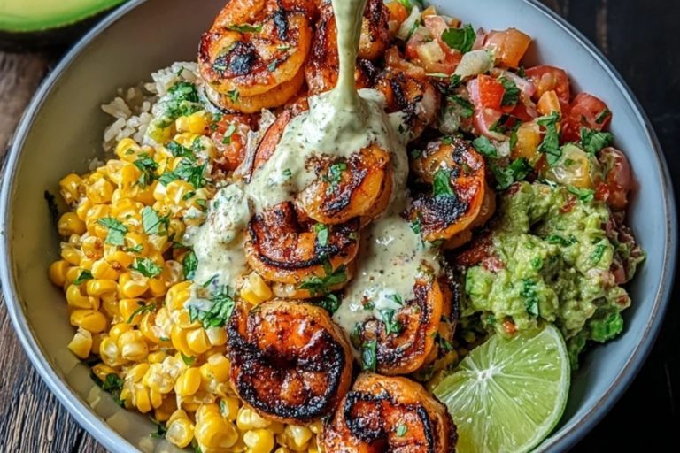 Grilled Shrimp Bowl with Avocado, Corn Salsa & Creamy Sauce