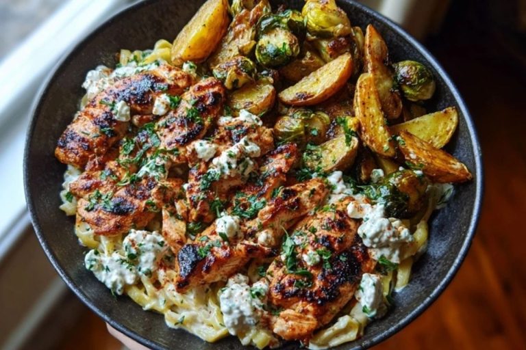 Smoked Paprika Chicken Alfredo with Feta-Tahini Cream & Crispy Brussels-Potato Combo Wedges