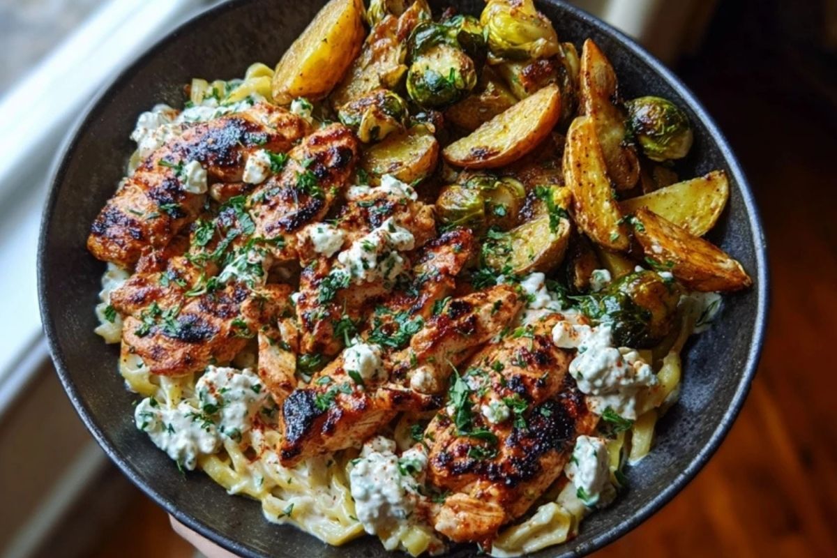 Smoked Paprika Chicken Alfredo with Feta-Tahini Cream & Crispy Brussels-Potato Combo Wedges