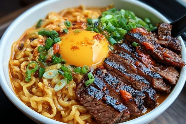 Spicy Korean Ramen with Grilled Beef & Creamy Sauce