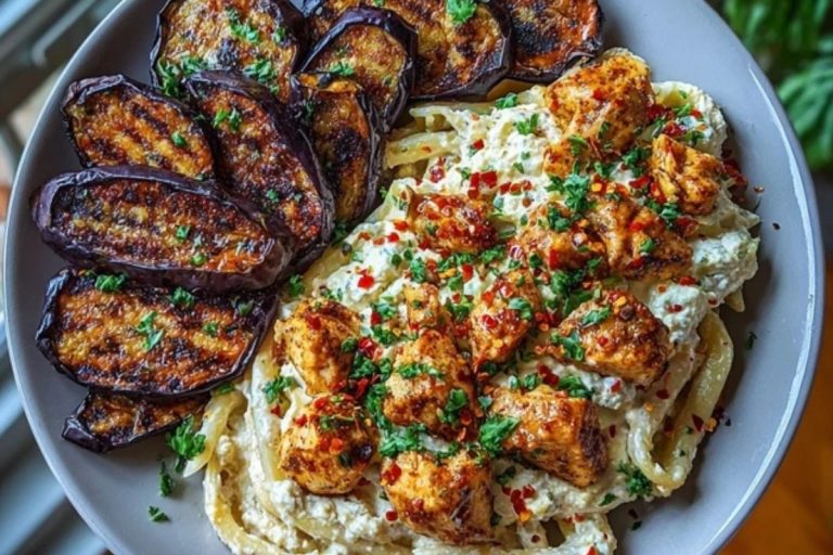 Spicy Whipped Feta Chicken Alfredo with Crispy Eggplant Wedges & Chili Oil Drizzle