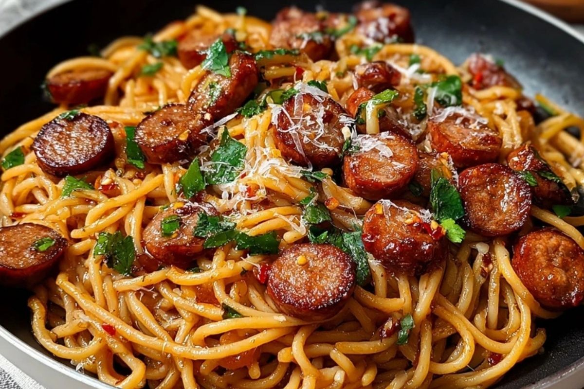 Sticky Honey Garlic Sausage Pasta
