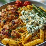 Zesty Greek Chicken Pasta with Spicy Harissa Feta Cream & Roasted Asparagus Crisps
