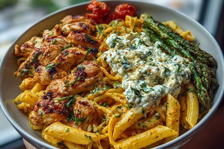 Zesty Greek Chicken Pasta with Spicy Harissa Feta Cream & Roasted Asparagus Crisps