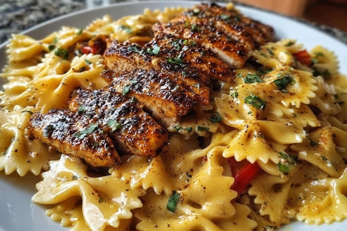 Bowtie Pasta with Creamy Cajun Chicken and Mozzarella Cheese Sauce