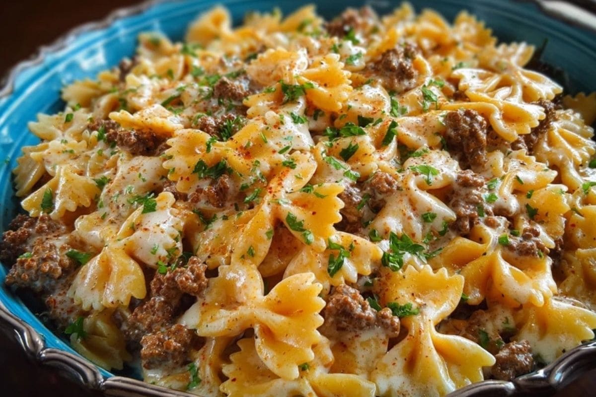Cajun Cream Cheese Alfredo Bowties with Spiced Ground Beef