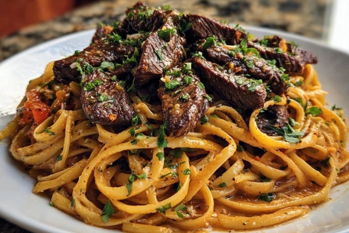 Cajun Garlic Butter Linguine with Tender Beef Strips
