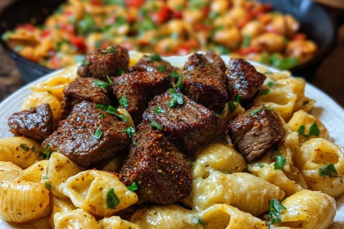 Cajun Steak Bites with Cheesy Garlic Shell Pasta Skillet