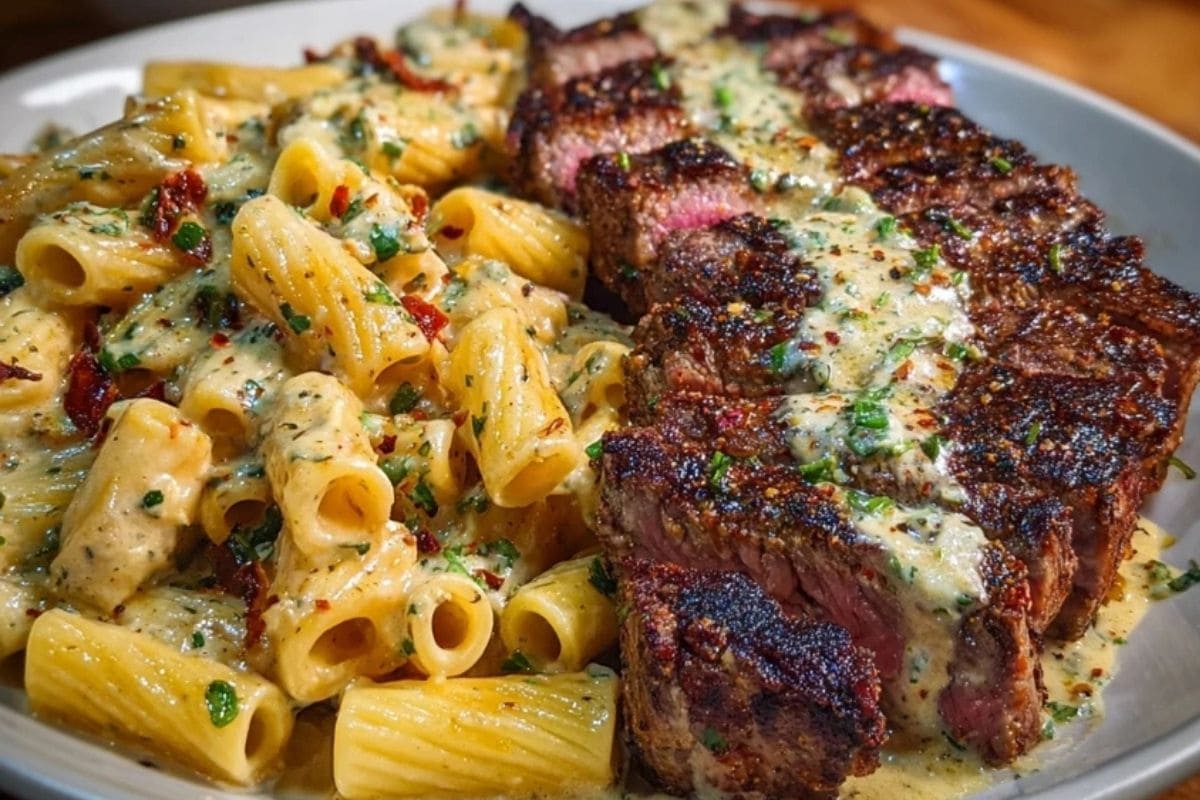 Cheesy Cajun Garlic Butter Steak with Creamy Rigatoni