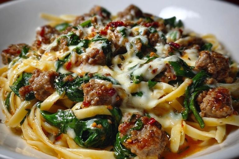 Cheesy Garlic Butter Linguine with Beef, Sausage and Spinach