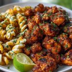 Chili Garlic Butter Chicken Bites with Creamy Cajun Corn Alfredo Twists