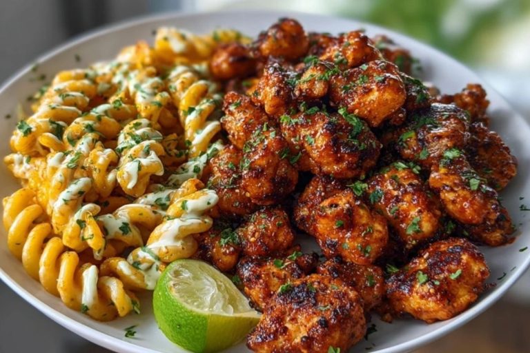 Chili Garlic Butter Chicken Bites with Creamy Cajun Corn Alfredo Twists