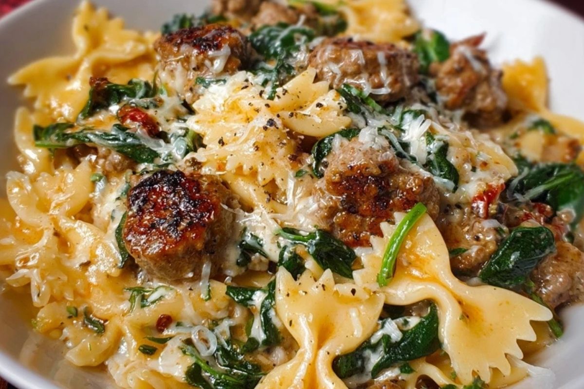 Creamy Garlic Butter Beef Bowtie Pasta with Italian Sausage & Spinach
